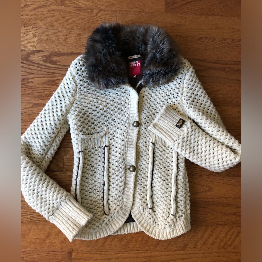 Miss Sixty Cream Knit Cardigan with Faux Fur Collar